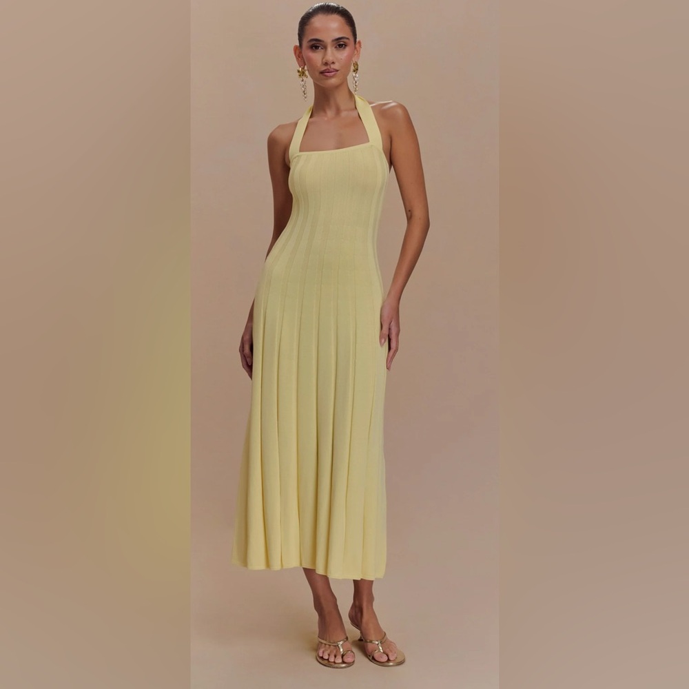 Meshki Jacqui Halter Knit Midi Dress - Lemon (S)